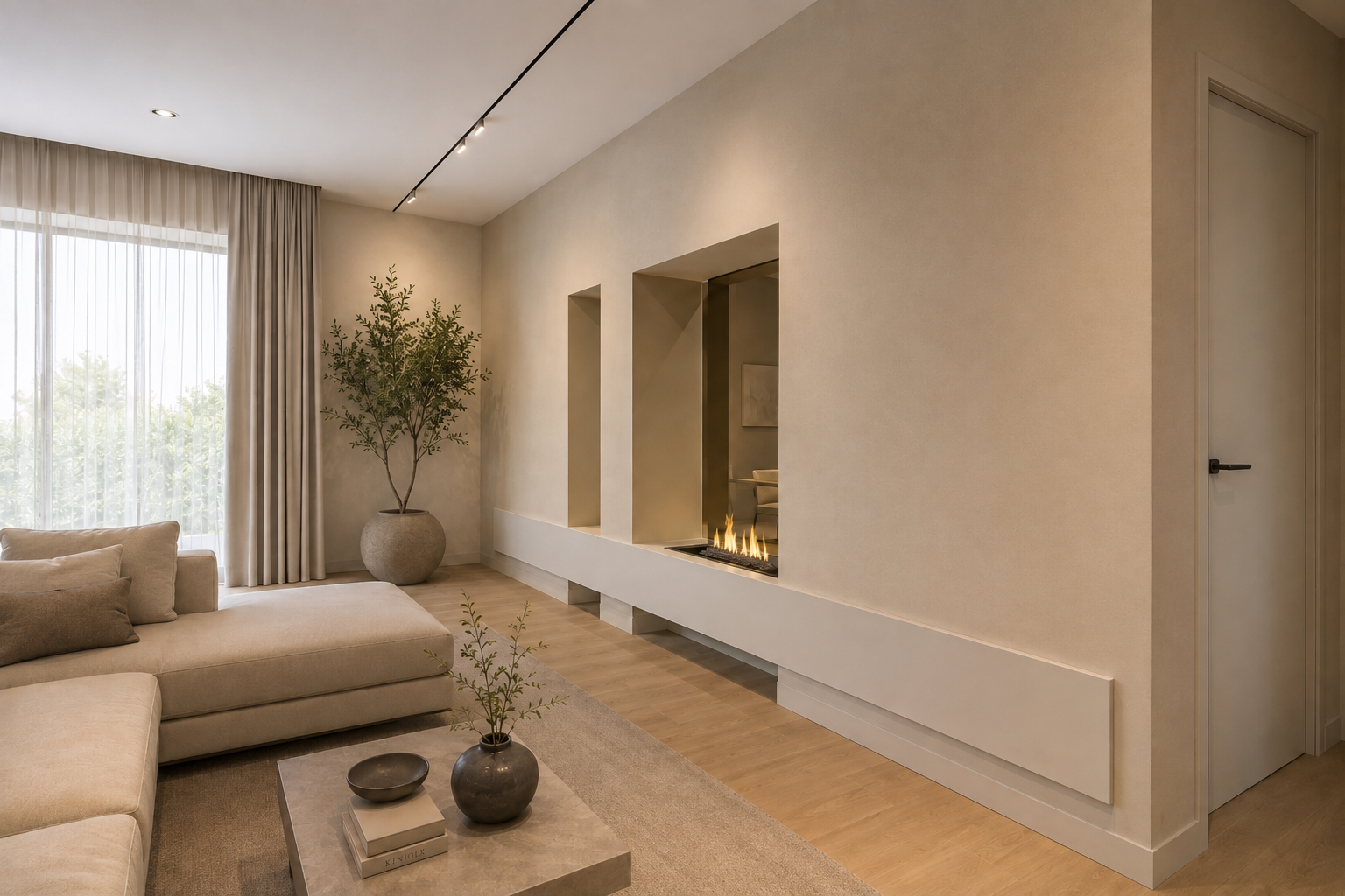 Wall-integrated fireplace in Silestone Miami White