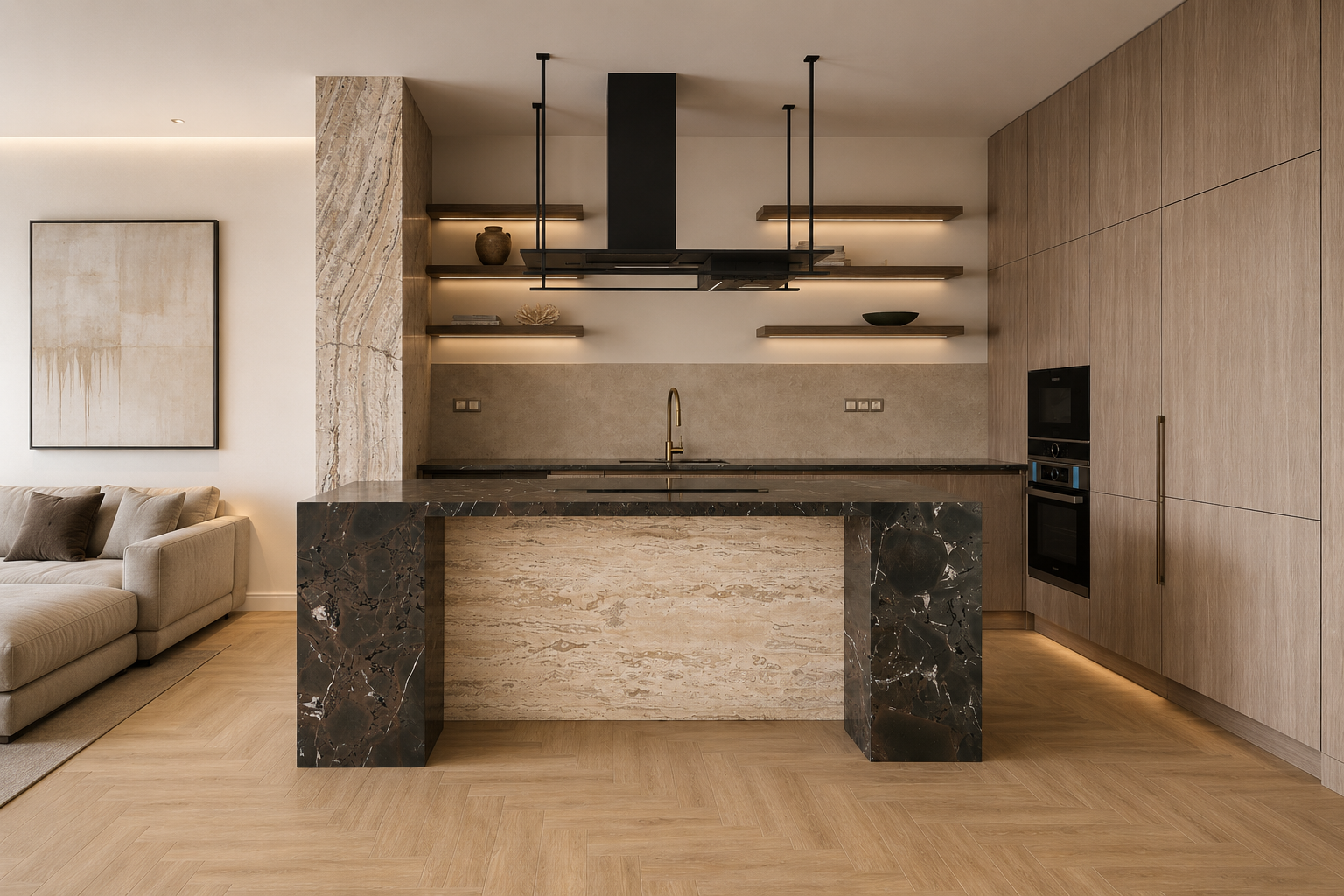 Breccia Imperiale granite kitchen / Spiš travertine