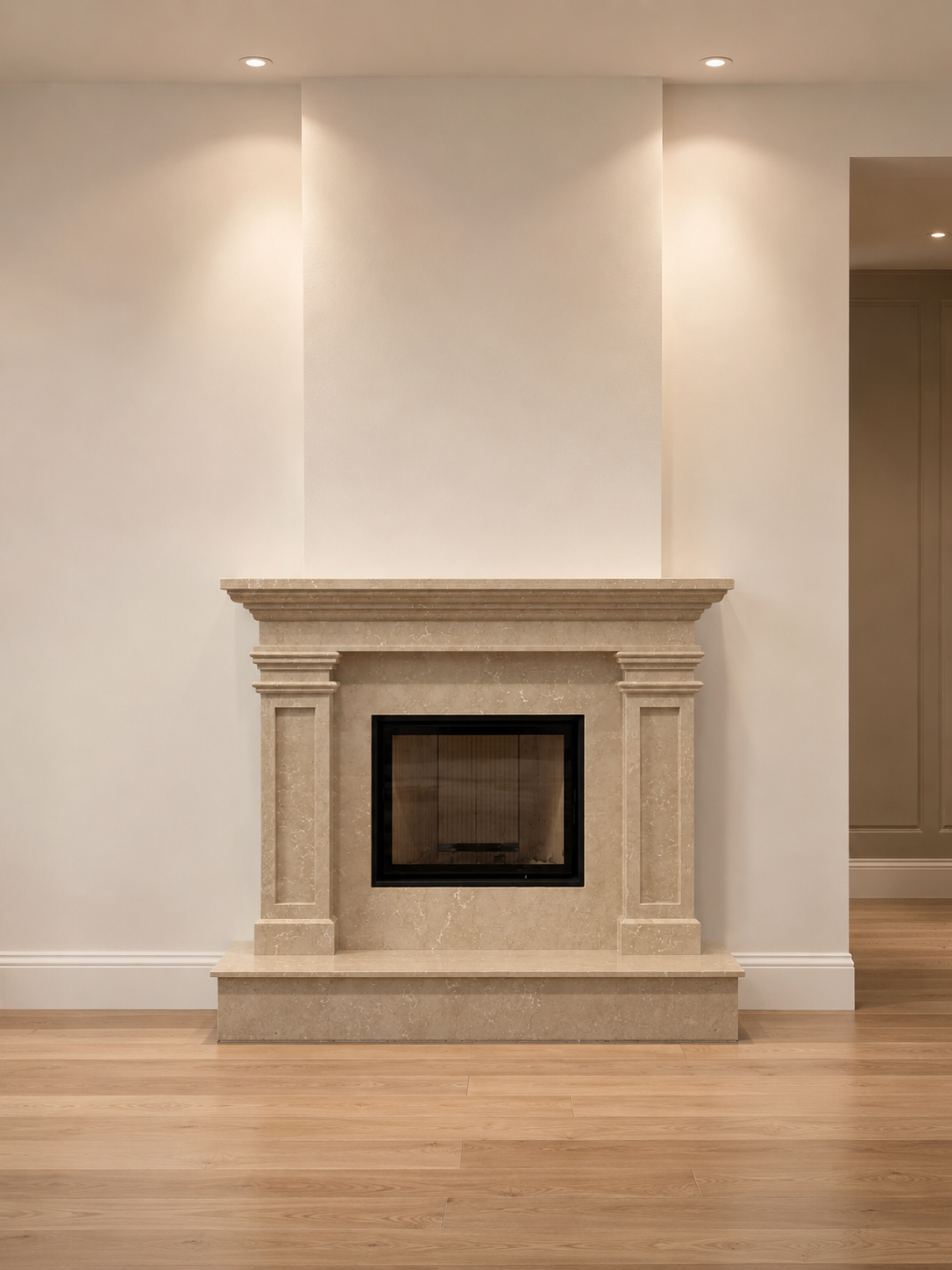 Botticino marble portal fireplace